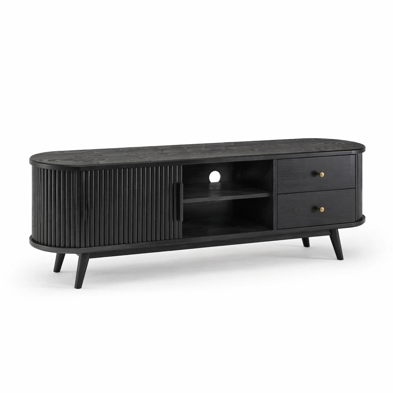 Mueble TV negro moderno con cajones y puertas-merulyn